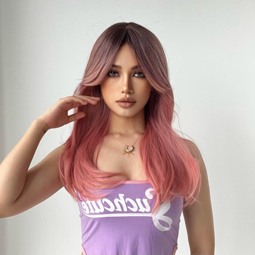 Amazon's best-selling foreign trade model, eight-character bangs, gradient pink, medium and long hair factory, European and American wig headgear