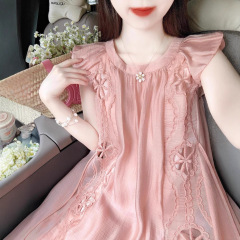 2025年夏「ミューズヘビーデューティー」夏ミドル丈スモールフライングスリーブテンセル刺繍レースドレス