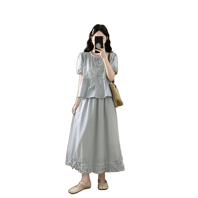 プラスサイズの女性の夏服、太ったmmミルクのセット、ライトブルーのベビードールシャツ、耳付きスカート、ツーピーススーツ|undefined