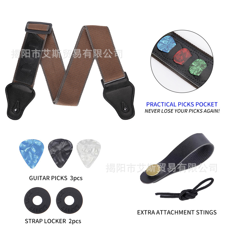 Traje de correa de guitarra 1 correa de hebilla de cinturón 2 cerradura de correa de goma 2 clavos de correa 10 picks de celuloide