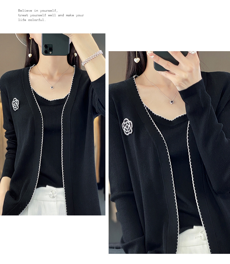 Damenbekleidung, neuer Herbst, V-Ausschnitt, Woll-Cardigan, lockere, modische Colorblock-Jacke mit Hosenträgern, zweiteiliges Set_voghion.com