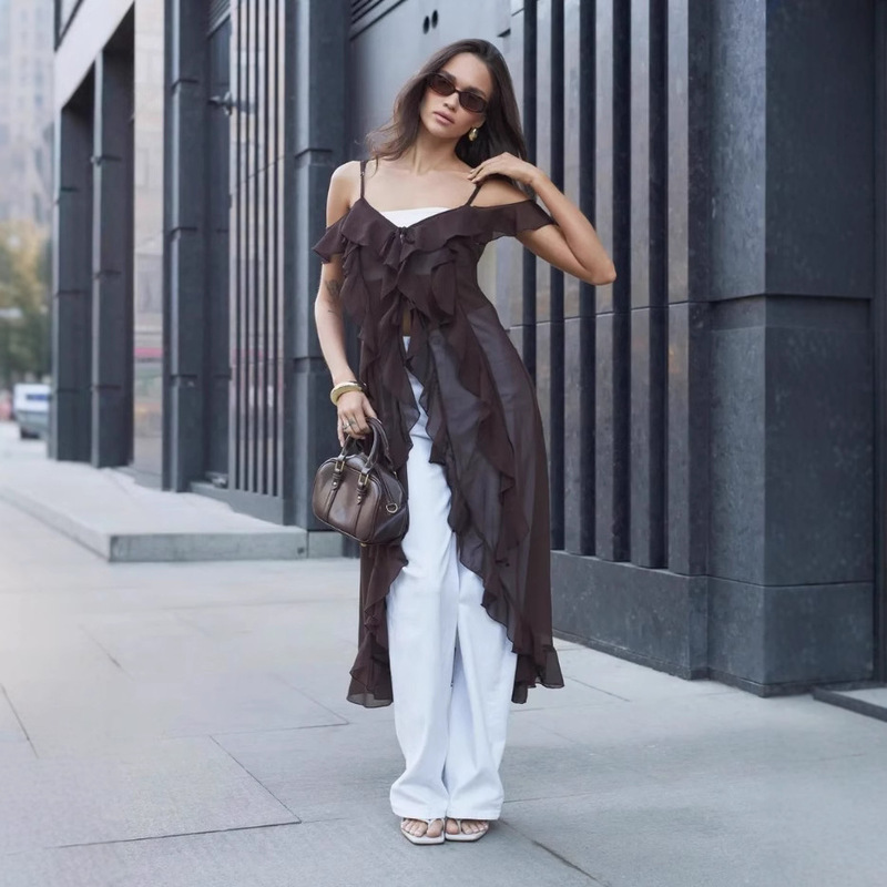 Cross-Border French Sweet Peach Summer Vacation Style Irregular Ruffled Suspender Skirt Top Feminine Dress