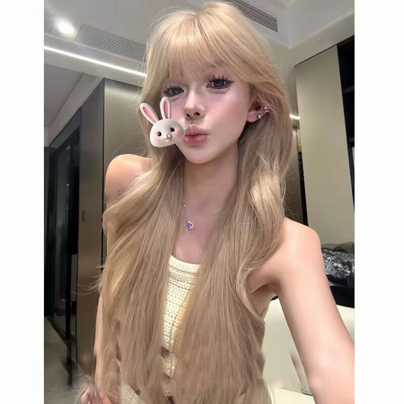 kuku公主同款假发长发刘海女团时尚自然整顶金沙色仿真发全头套女|undefined