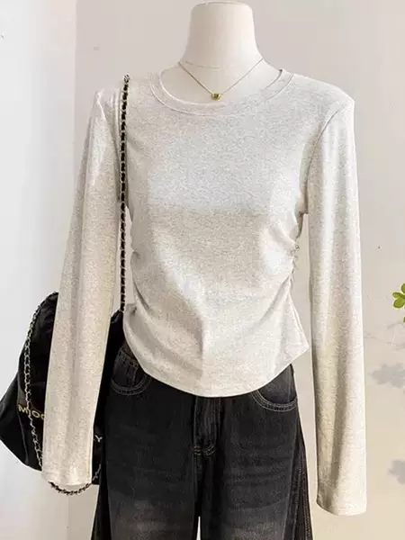 92% Cotton Pure Color Cotton Waisted Right Shoulder Long Sleeve T-Shirt for Women Spring and Autum Pleated Slim Inner Layering Shirt Versatile and Trbottomy