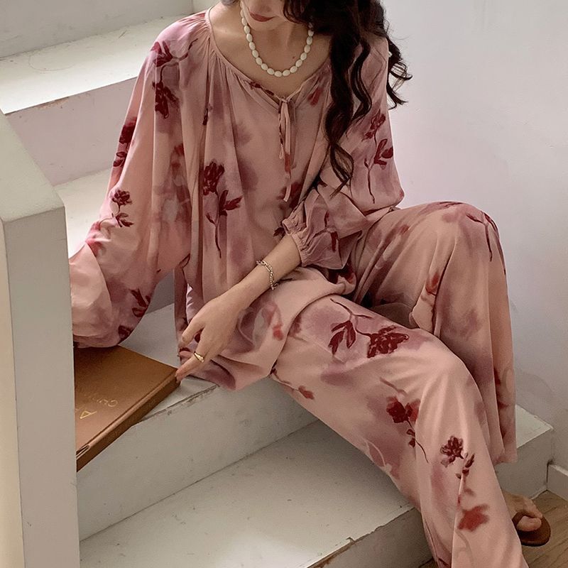 Carefully Selected Cotton Silk Pajamas for Women Summer Long-Sleeved Ice Silk Texture Skin-Friendly Breathable Cotton Silk Home Clothes Air-Conditioned Clothes Suit Spring
