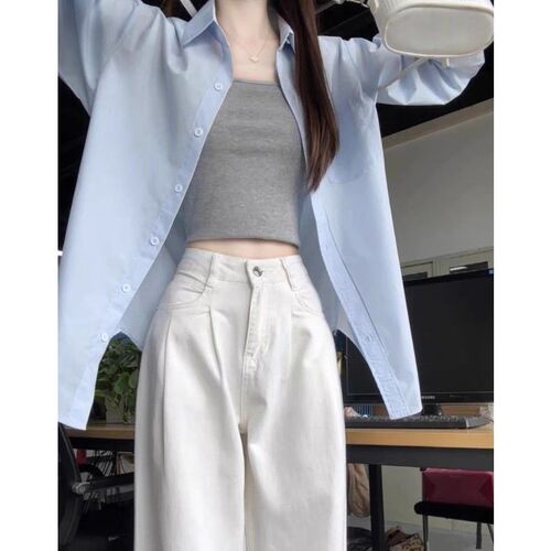 Women's Autumn Sun Shirt Loose Casual French Chic Blue Collared Shirt