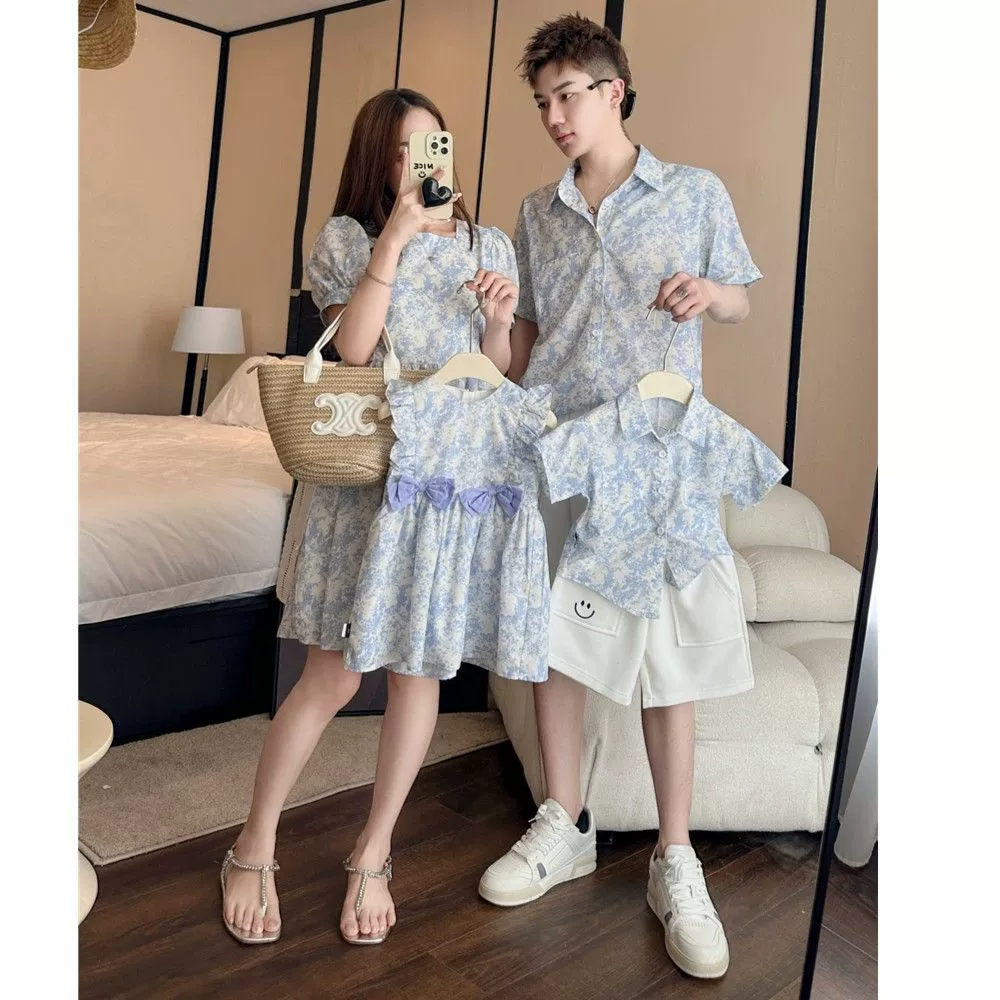 2024 новое семейное платье с бантом и мелким цветочным принтом, сине-белый фарфор, детская одежда в китайском стиле, модная праздничная семейная одежда