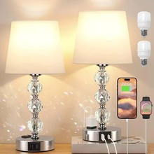 跨境专供轻奢水晶台灯锥形布艺灯罩酒店工程卧室触摸台灯USB充电