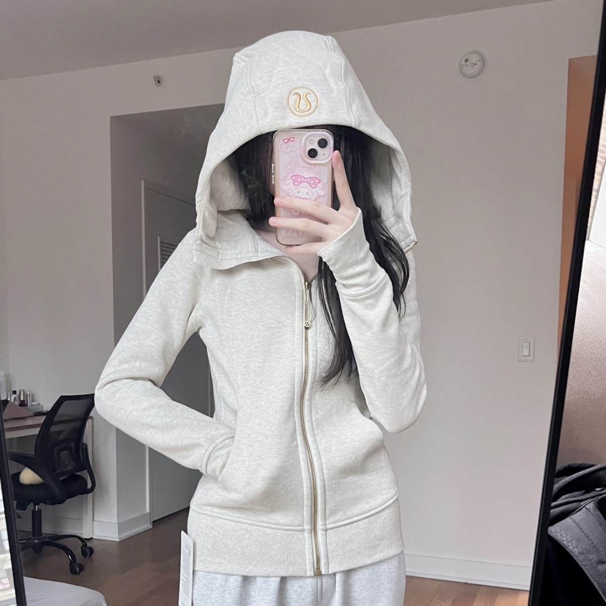 lulu multicolored bone white gold Scuba style slim-fit sweatshirt, thin fleece, full-zip, hooded casual jacket for women