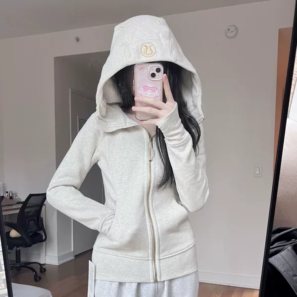 lulu multicolored bone white gold Scuba style slim-fit sweatshirt, thin fleece, full-zip, hooded casual jacket for women