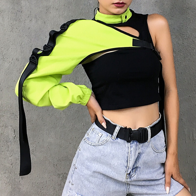 Street Style Reflective Top with Heavy Irregular Design, School Bag Buckle, Long Sleeves, and Ribbon T-Shirt Nightclub Cover-Up