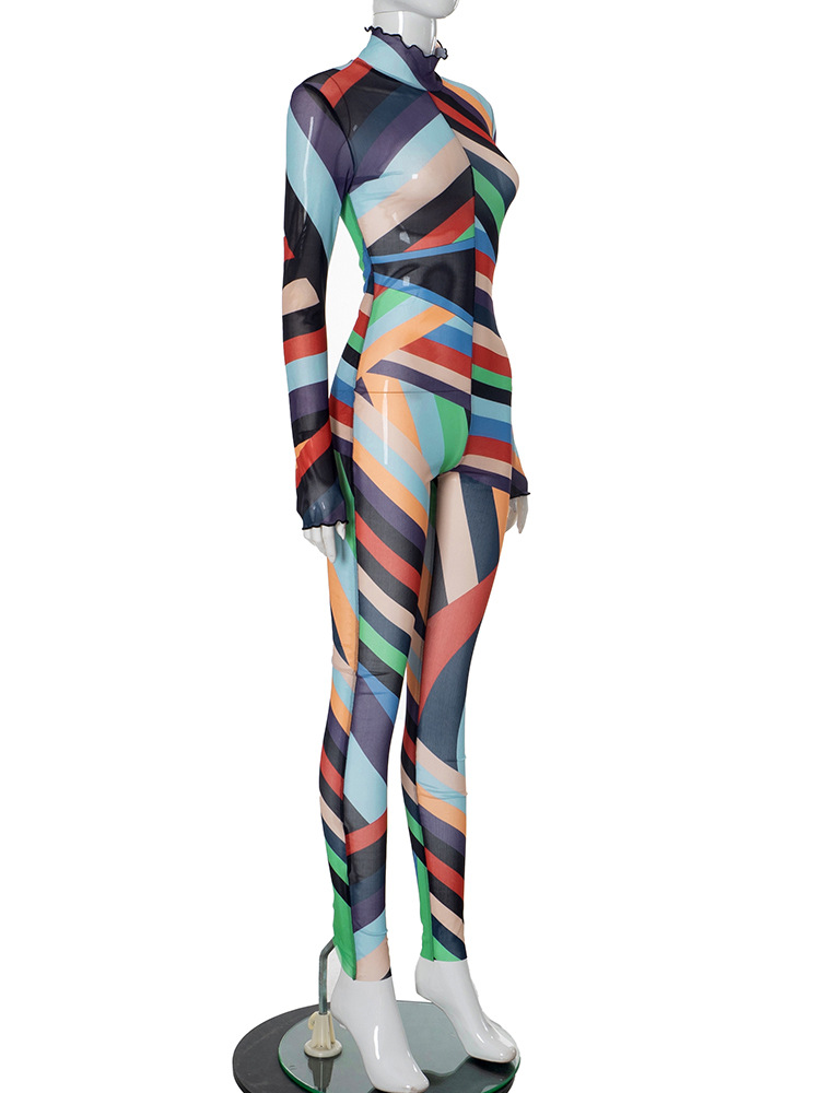 Fall Sexy Mesh Floral Print Jumpsuit for Women
