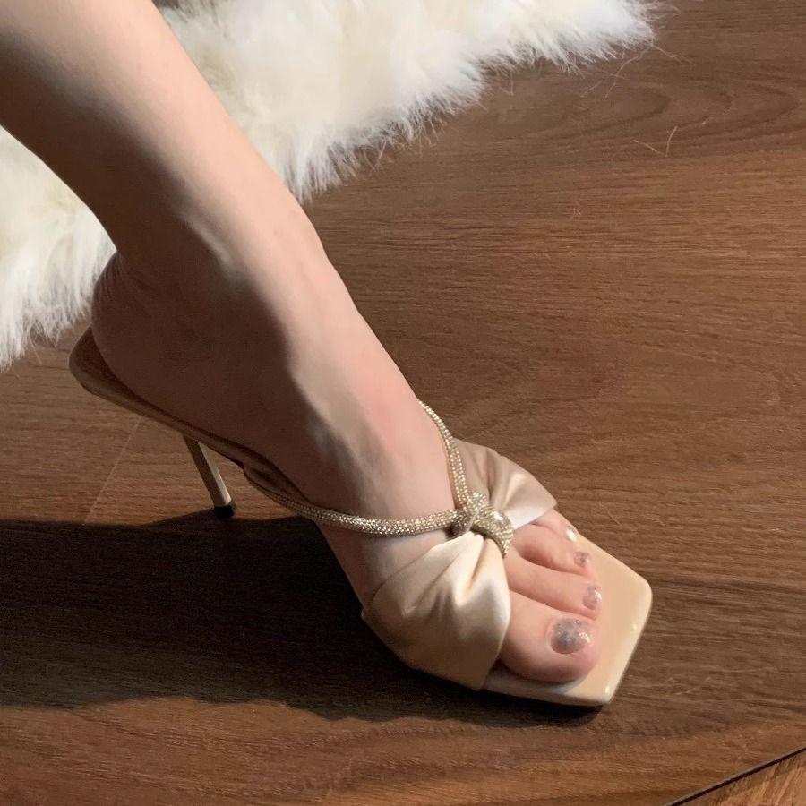 Nude Satin Rhinestone Strap Sandals For Women 2024 Summer New Bow Open Toe Outdoor High Heel Slippers_vogvips.com