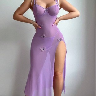 Cross-Border Temu Popular Sexy Mesh Butterfly Suspender Skirt Amazon Plus Size Women's High Slit Long Skirt Comfortable