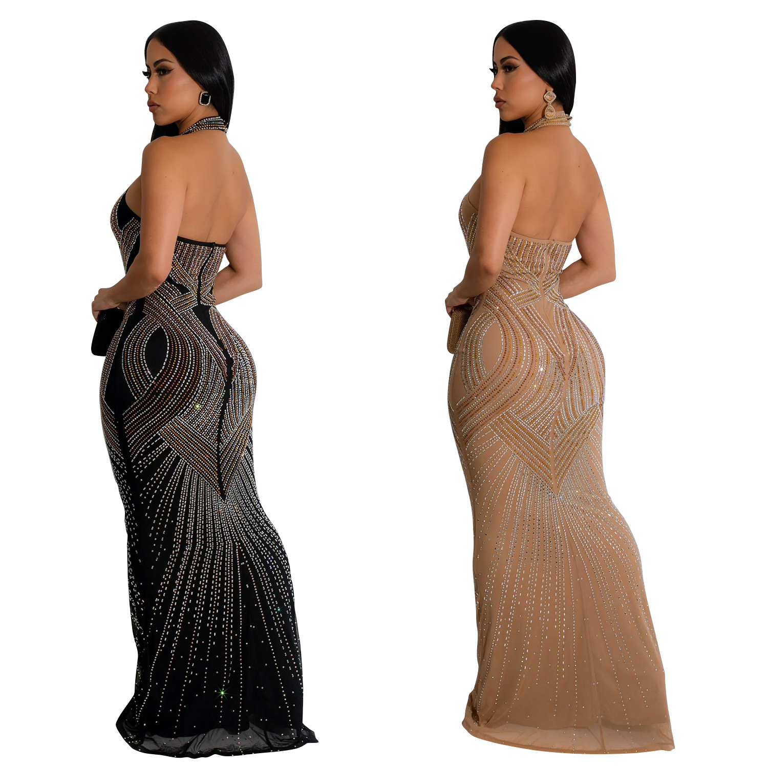 C6811 transfronteriza AliExpress Amazon de moda europea y americana de las mujeres de color sólido de malla rhinestone vestido Halter vestido