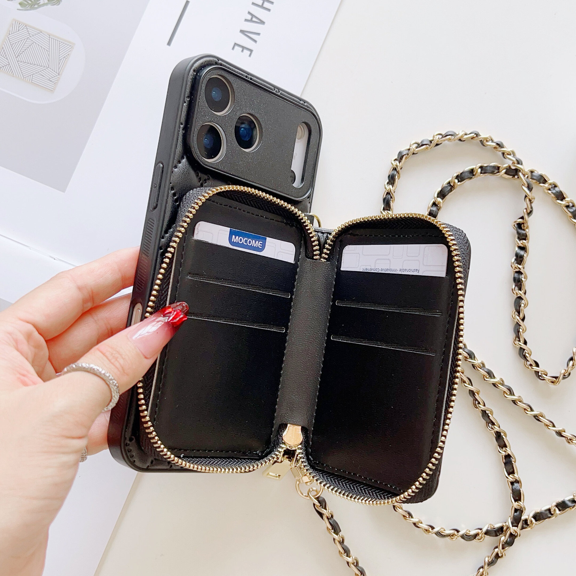 TechGlobe Adatto per iPhone 17 Pro Max Stile Porta Carte con Cerniera Telefono Huawei Samsung Tracolla Protettiva in Pelle_voghion.com