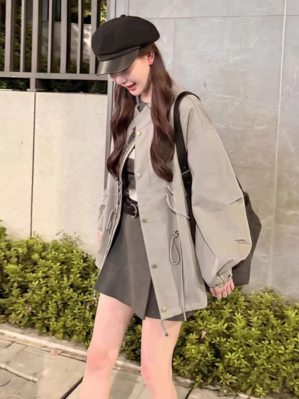 韩系抽绳收腰风衣外套女中长款2025早春秋季英伦风小个子夹克上衣|undefined