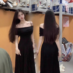 女性用の美しいワンショルダードレス、夏のハイエンドウエストスリムブラックスリムフレンチロングスカート、小柄な人向け