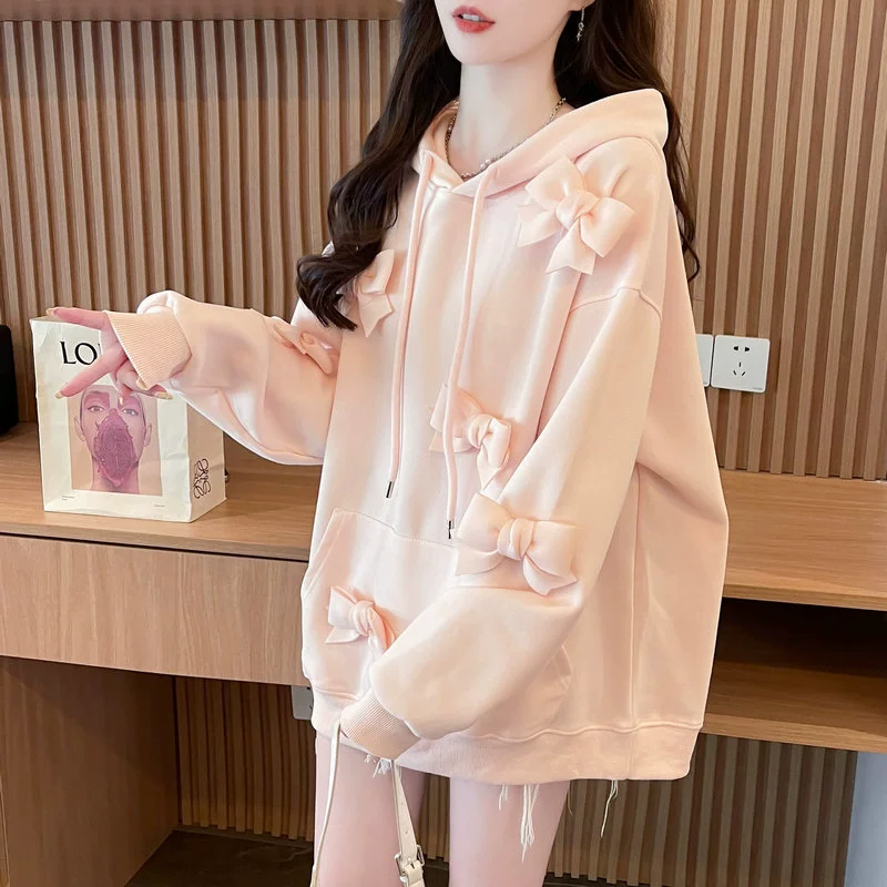 Женская толстовка с капюшоном и бантом ранней осени, новинка 2025 года, весна и осень, свободная тонкая универсальная студенческая куртка большого размера в корейском стиле
