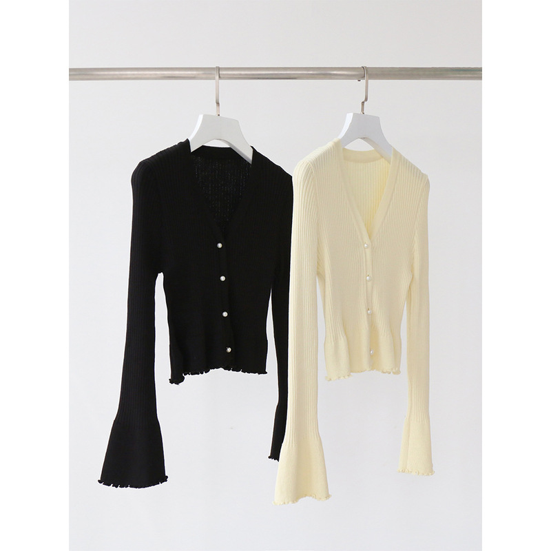 Pure Desire Small Trumpet Sleeve Knitted Sweater Cardigan Ice Hemp 12 Needle V-Neck Top Small Short Summer Sunscreen Outer Wear New Product
