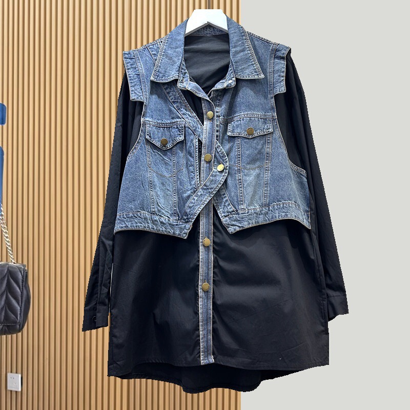 Denim Shirt Coat Women's Slim-fit Stitching Contrast Shirt Exquisite Vest Spring and Autumn Fake Two-piece Loose