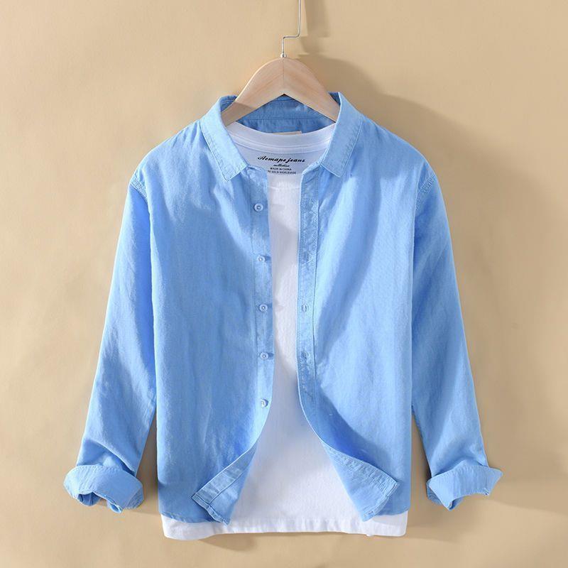 Camisa de lino de algodón casual de manga larga básica japonesa extremadamente cáñamo Camisa de lino suelta para jóvenes fresca y transpirable para hombres