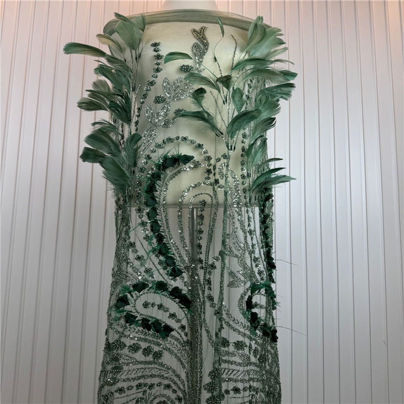 羽毛网底婚纱晚礼服珠管绣亮片绣花面料舞台旗袍时装批发lace现货