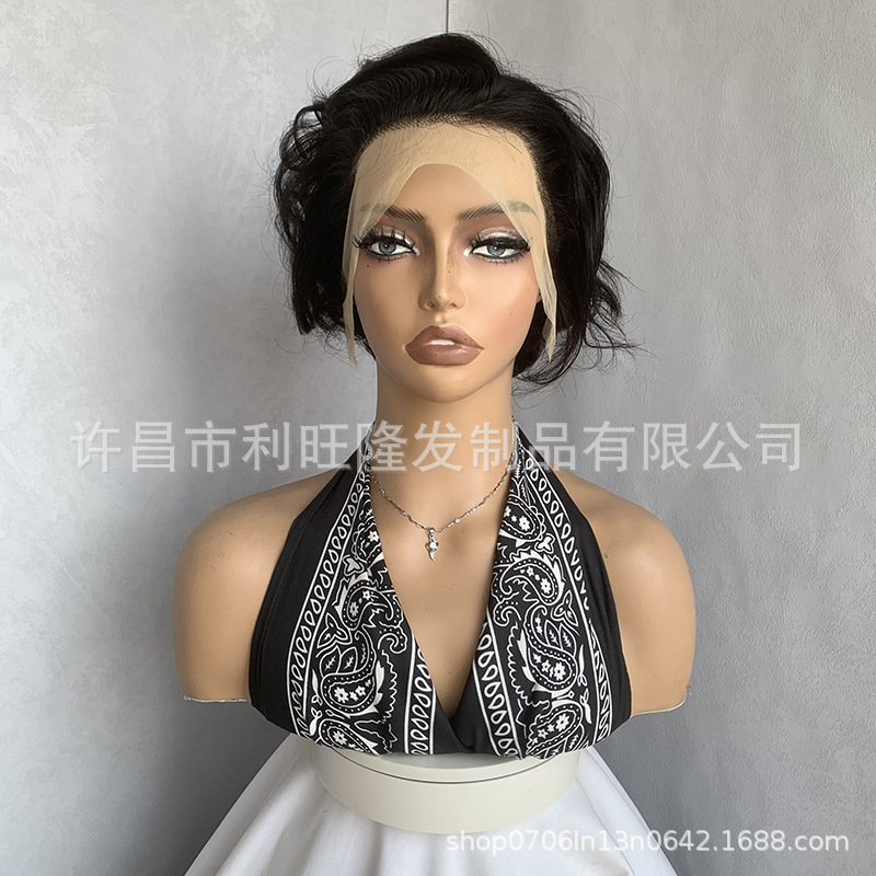 European and American Export Full Real Hair Wig Headgear 13X4 Front Lace Curly Short African Cross-Border Small and Medium Curly Hair Set