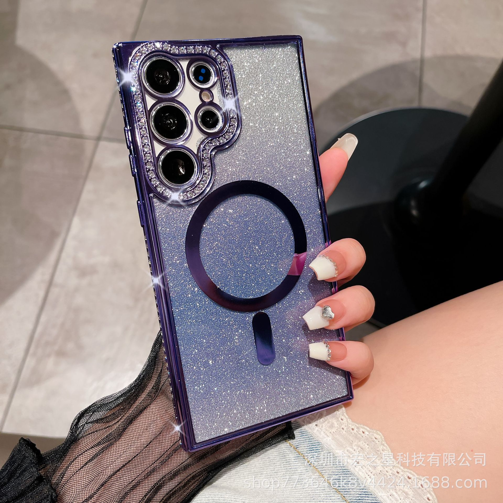 适用于三星S25ULTRA手机壳电镀TPU水钻S24PLUS磁吸无线充透明软壳