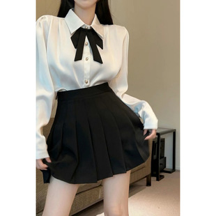 College Style Two-Piece Suit for Women, Spring New Chiffon Shirt, Niche Top, High-Waisted Pleated Skirt