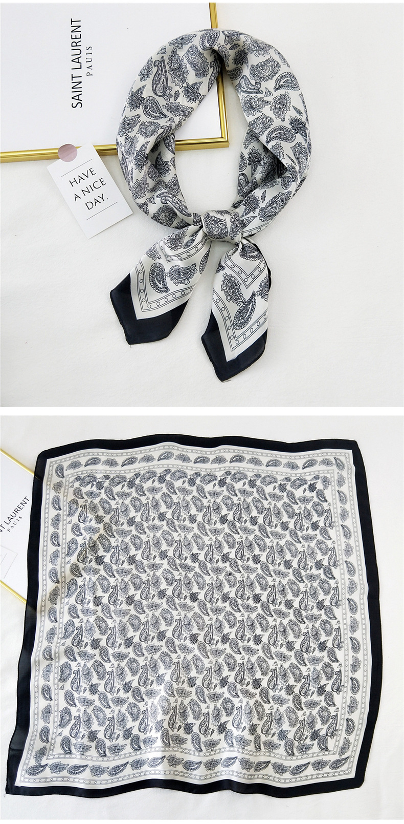 50g Weight Silk Scarf Classification Travel Occasion Silk Material Unisex Gender Printing Design Sweet Style Khaki, Grey, Purple, Red, Green, Blue, Camel, Yellow, Black Color Korean Printing Silk Square Scarf Wholesale 26