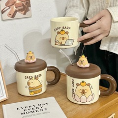 Cute Capibara Ceramic Cup with Lid and Straw, Stylish Coffee Cup for Girls, Household Water Cup
