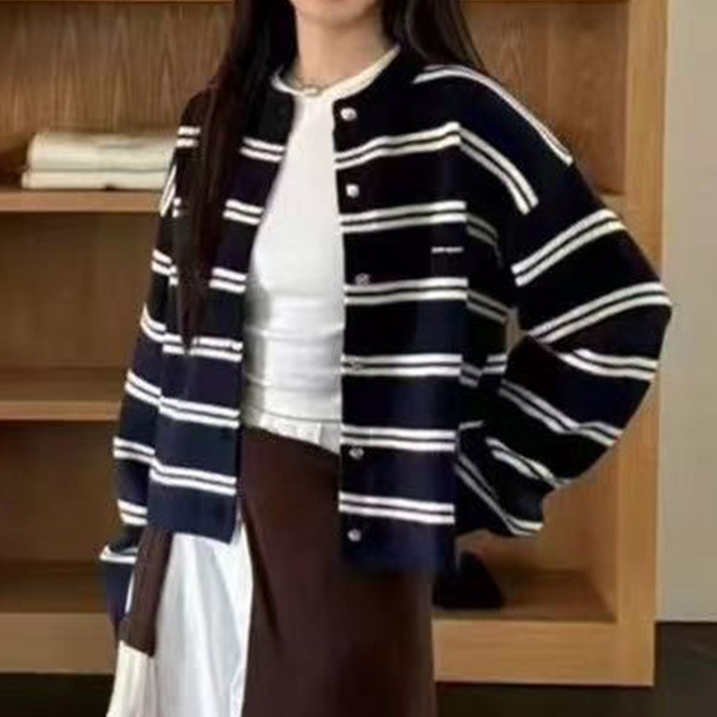 Lazy Style Stripesd Round Neck Knitted Cardigan for Women 2025 Autum New Miu Loose and Versatile Jacket Top