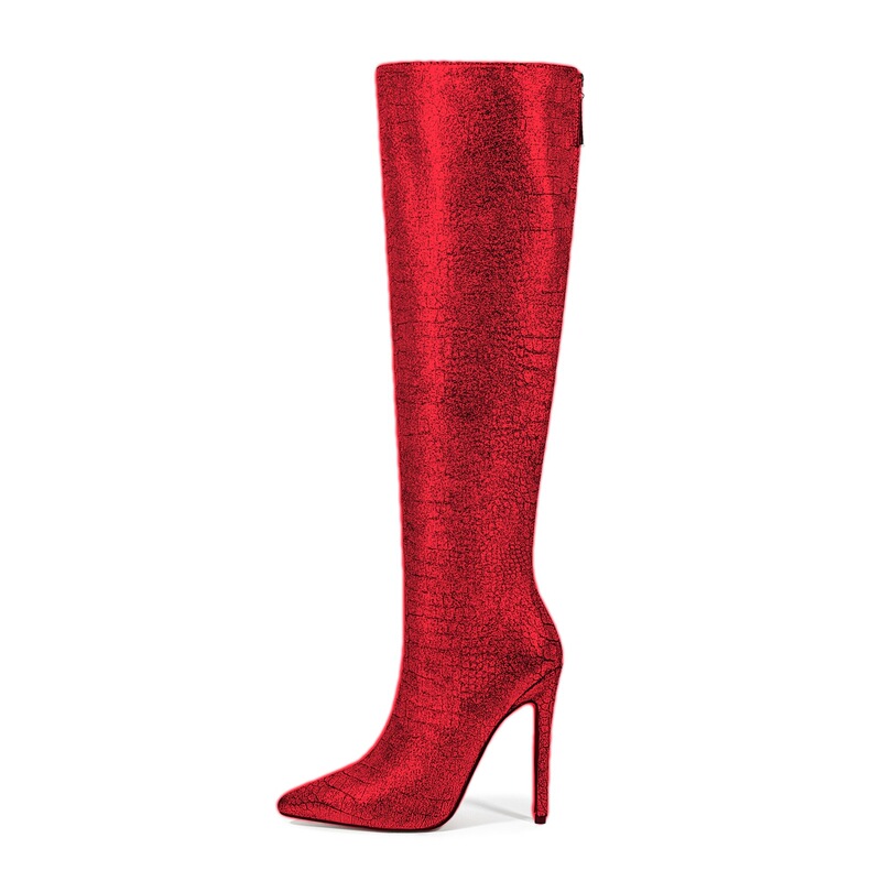 European and American Export Pointed-Toe Metallic Snake-Print Knee-High Boots, Size 47, Stiletto Heel, Runway Fashion High-Tube Women's Boots