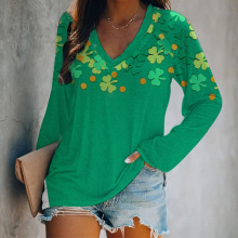 2024春夏新款欧美跨境女装t恤圣帕特里克节三叶草印花女士长袖T恤