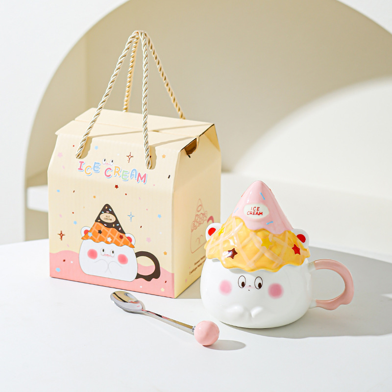 Taza de caricatura de cerámica de alta cara, taza de regalo para una amiga, taza de corazón de una niña, taza de desayuno casera