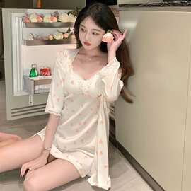 性感睡衣女冰丝带胸垫薄款爱心图案吊带睡裙两件套2022新款家居服