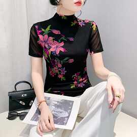 欧货2024春夏装新款时尚修身网纱印花半高领短袖T恤女潮打底衫
