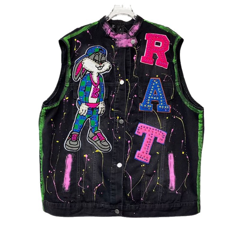 Caricatura graffiti vaquero clip nuevo 2026 chaqueta de explosión mujer corta hombre pequeño con chaleco de aire extranjero chaleco image 5