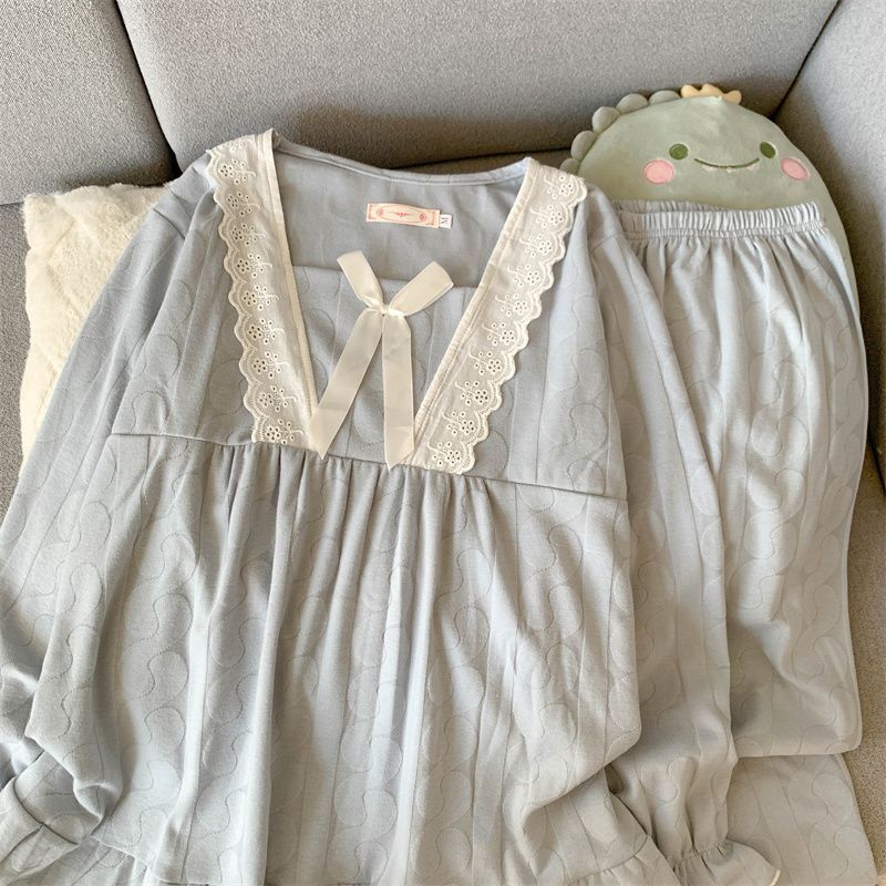 2025 nuevo pijama de mangas largas de mujeres otoño invierno algodón de punto encaje dulce princesa ropa de estilo W3118 azul