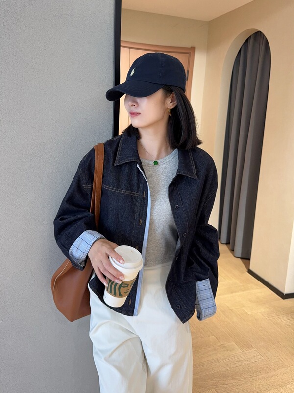 品质拼接格纹小个子短款天丝翻领牛仔衬衫外套女2025早秋G082104|undefined