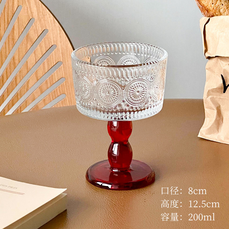 Retro medieval en relieve taza de helado de vidrio de pie alto taza de postre helado tazón de yogur tazón de desayuno nicho sensación de atmósfera