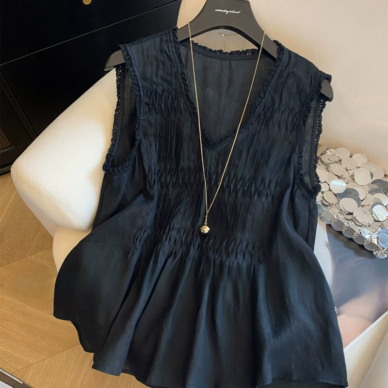 Женский жилет без рукавов с французским кружевом и плиссированным воротником, летняя новая мода, темперамент, универсальный топ, тренд