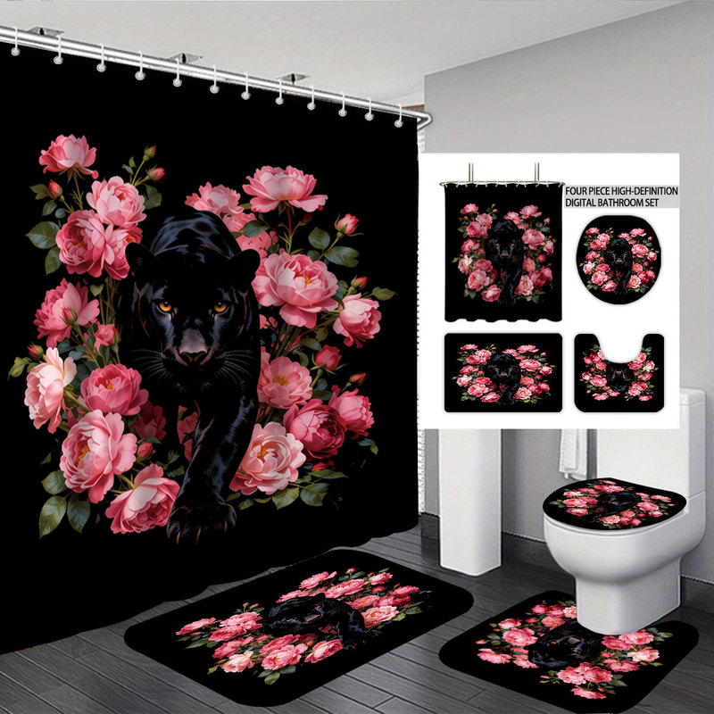 Cross-Border New Waterproof Fabric Shower Curtain, No-Drill Black Leopard Rose Print Bathroom Partition Water-Blocking Curtain, Bathroom Four-Piece Set Cross-Border New Waterproof Fabric Shower Curtain, No-Drill Black Leopard Rose Print Bathroom Partition Water-Blocking Curtain, Bathroom Four-Piece Set