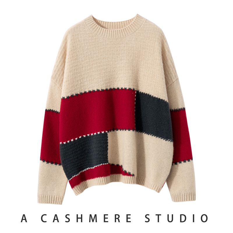 Fashionable Women's Round Neck Patchwork Color-Blocking Versatile Commuter Cashmere Sweater Knitwear Comfortable Warm Slimming Design