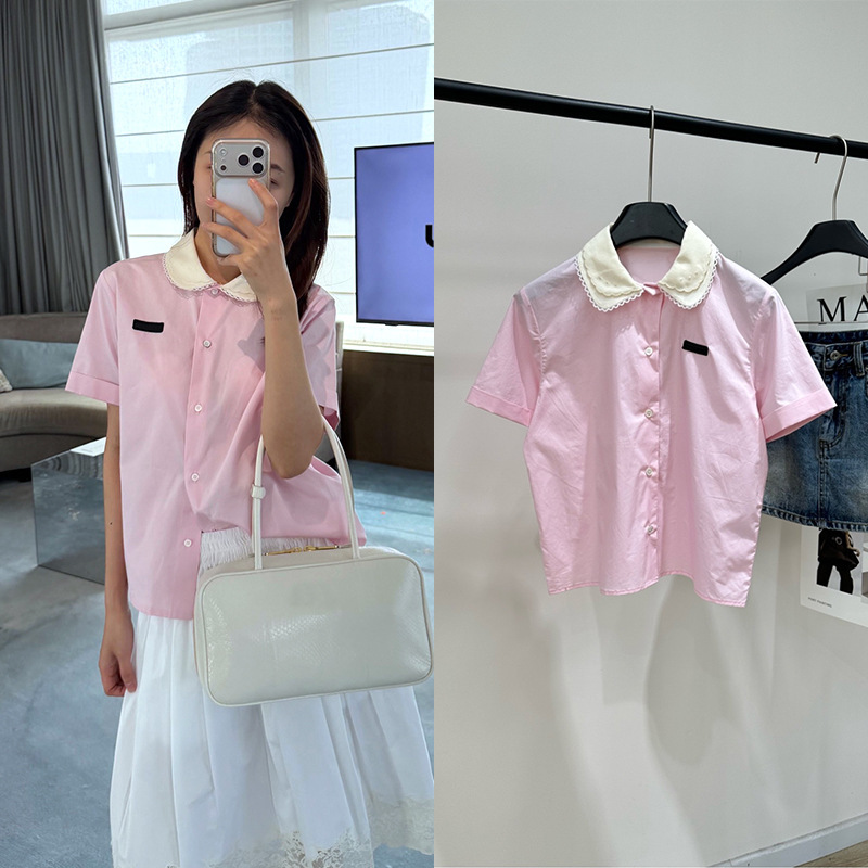 2026 Early Spring Shenzhen Nanyou Light Pink Lace Doll Collar Logo Short-Sleeved Shirt Loose College Style Top for Women