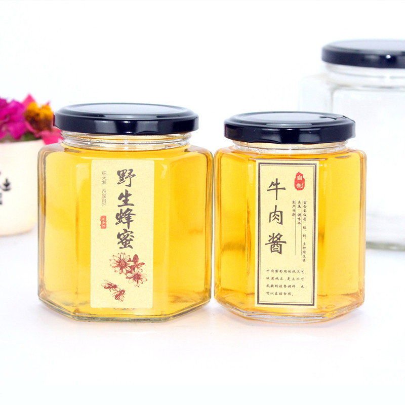 380ml六棱蜂蜜瓶酱菜瓶果酱瓶六角罐头瓶瓶梨膏瓶小号分装玻璃瓶
