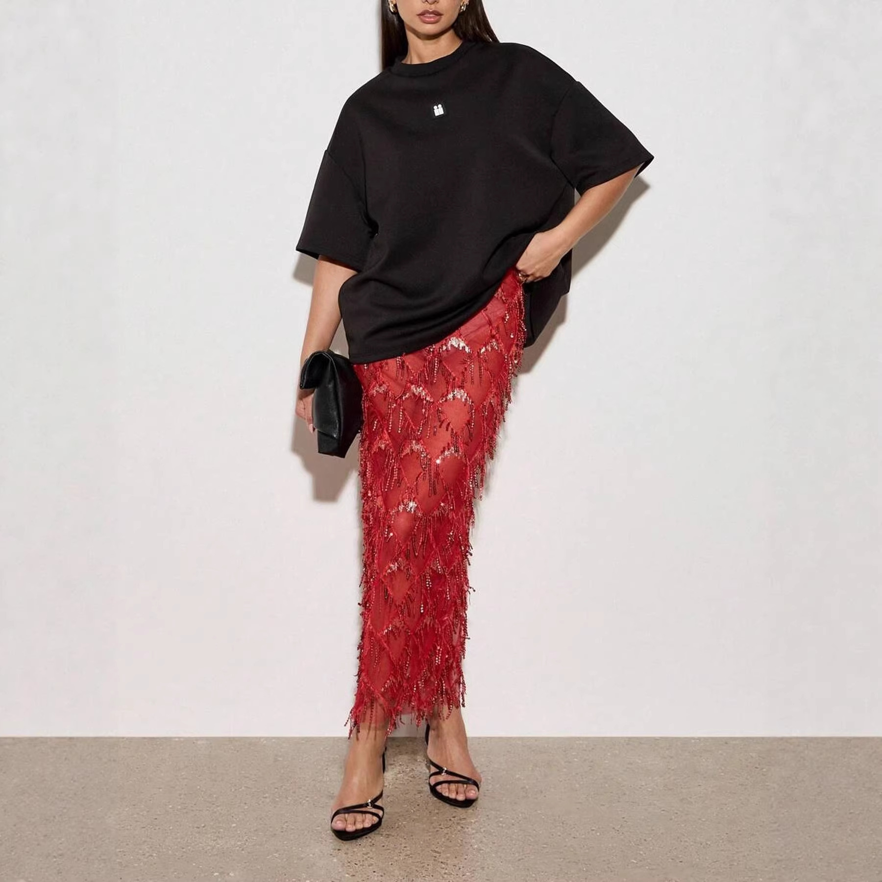 2026 European and American Cross-Border New Product Red Sequined Slit Mid-Length Skirt That Covers the Hips, Sexy and Slimming Mesh Women's Skirt