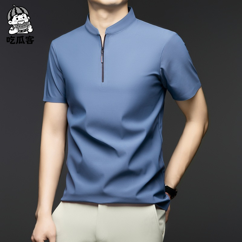 Cross-Border 2025 Men's Polo Shirt with Mulberry Silk, Stand Collar, Short Sleeves, Solid Color, Half-Zip, High-End Men's Fashion Cross-Border 2025 Men's Polo Shirt with Mulberry Silk, Stand Collar, Short Sleeves, Solid Color, Half-Zip, High-End Men's Fashion