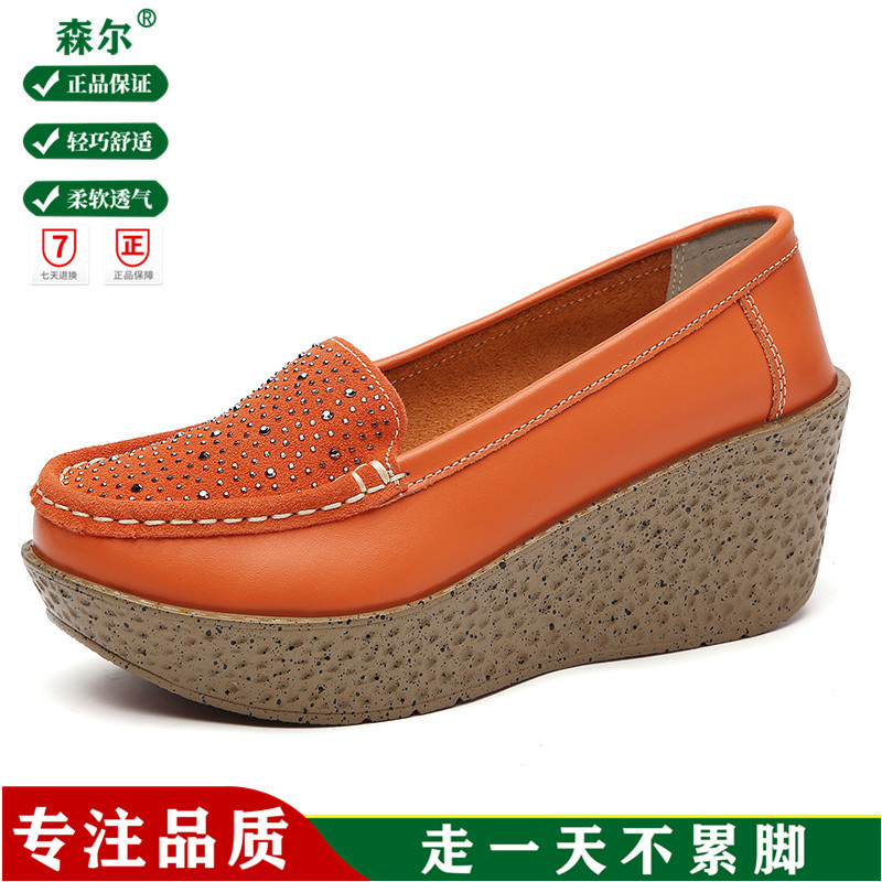 春秋款英伦风休闲浅口防滑女单鞋厚底坡跟韩版一脚蹬妈妈鞋松糕鞋